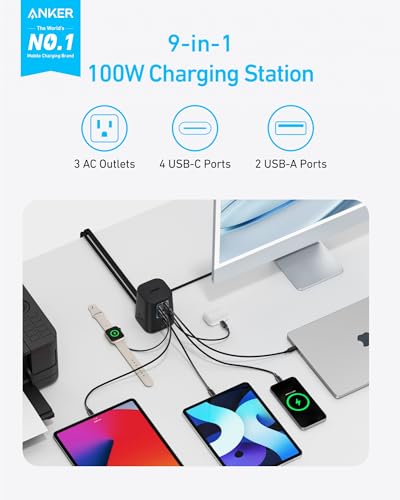Anker Desktop Charger, 9-in-1 Power Strip with 300J Surge Protector, 100W