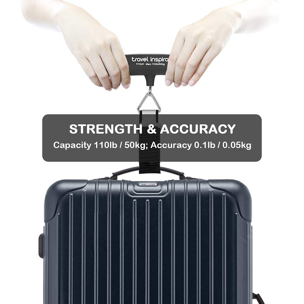 travel inspira Digital Luggage Scale – Portable Hanging Suitcase Weight Scale for Travel, 110 lb Capacity, Backlit LCD Display, Prevents Airport Overweight Fees, Battery Included