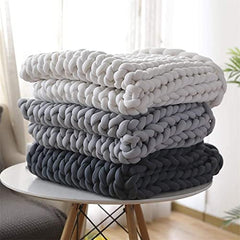 Chunky Knit Cotton Throw Blanket, Soft & Warm Light Gray