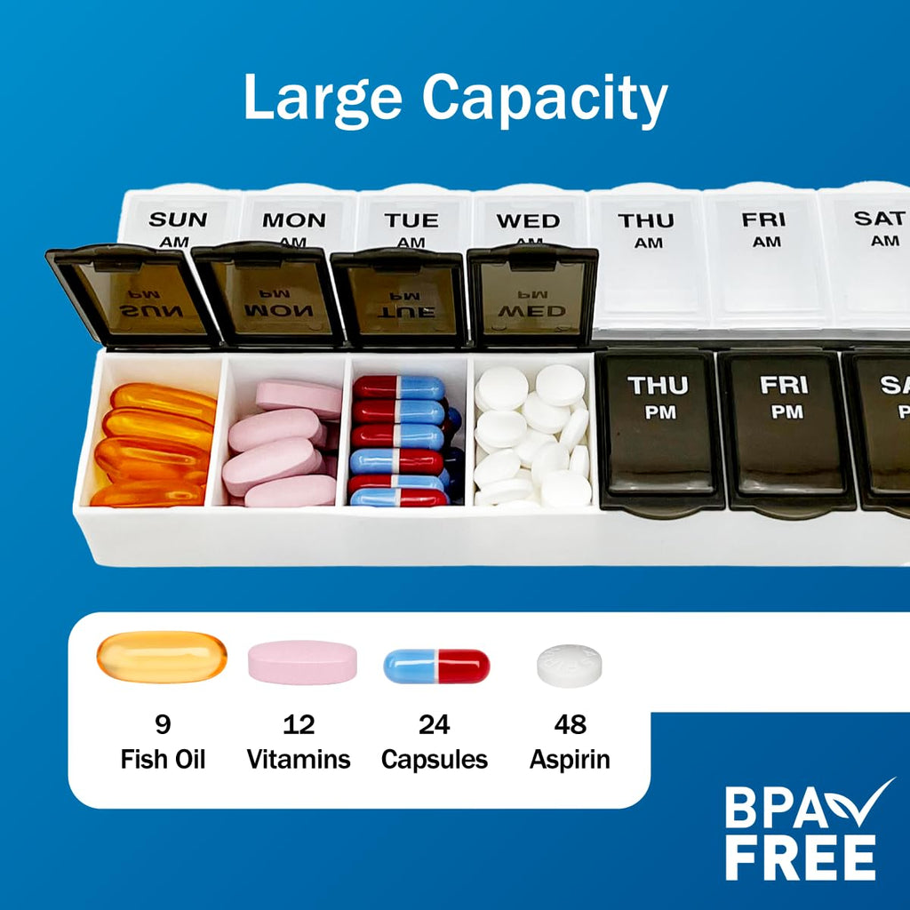 Amazon Basic Care 7-Day AM/PM Pill Organizer, Medication Planner with Large Compartments for Tablets, Clear Lids
