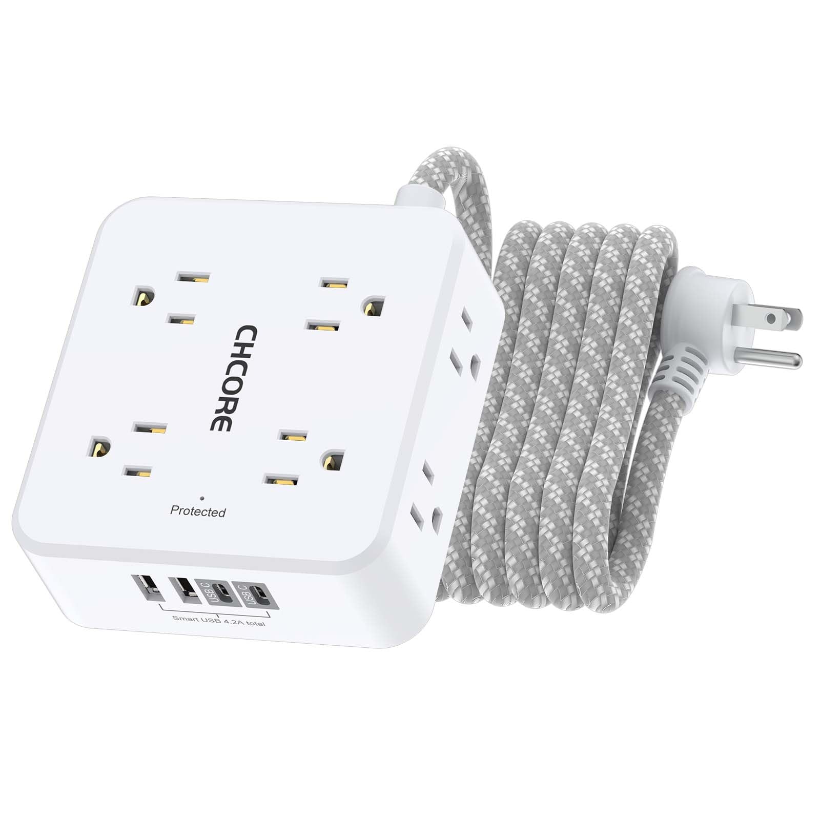 Surge Protector Power Strip - CHCORE Extension Cord with 8 Outlets with 4 USB (2 USB C) Charging Ports