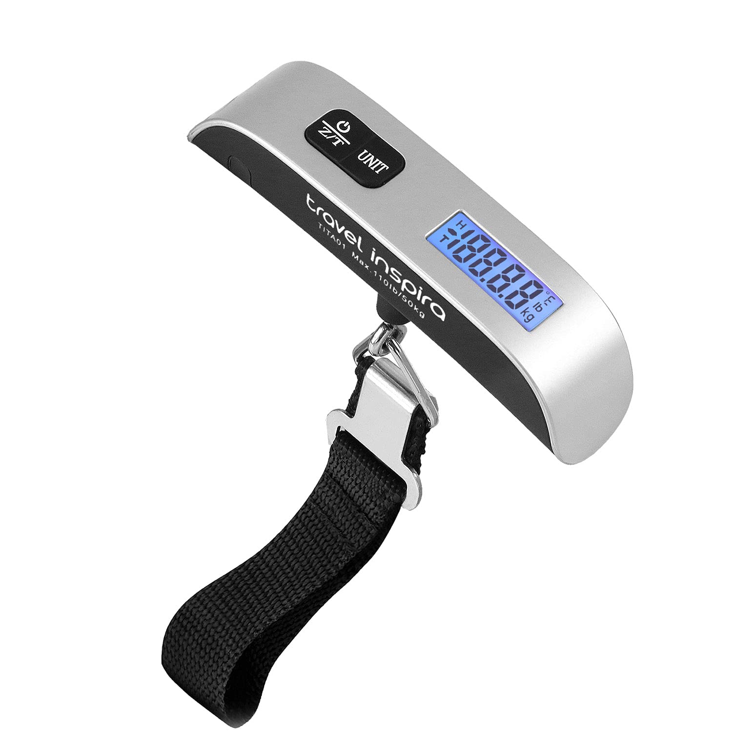 travel inspira Digital Luggage Scale – Portable Hanging Suitcase Weight Scale for Travel, 110 lb Capacity, Backlit LCD Display, Prevents Airport Overweight Fees, Battery Included