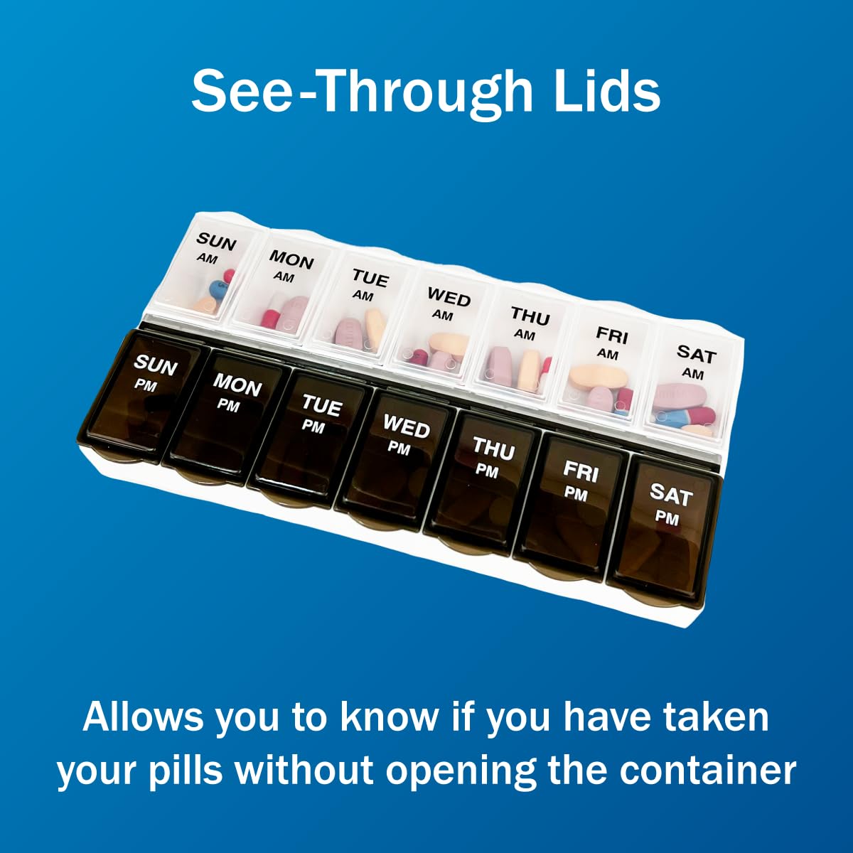 Amazon Basic Care 7-Day AM/PM Pill Organizer, Medication Planner with Large Compartments for Tablets, Clear Lids