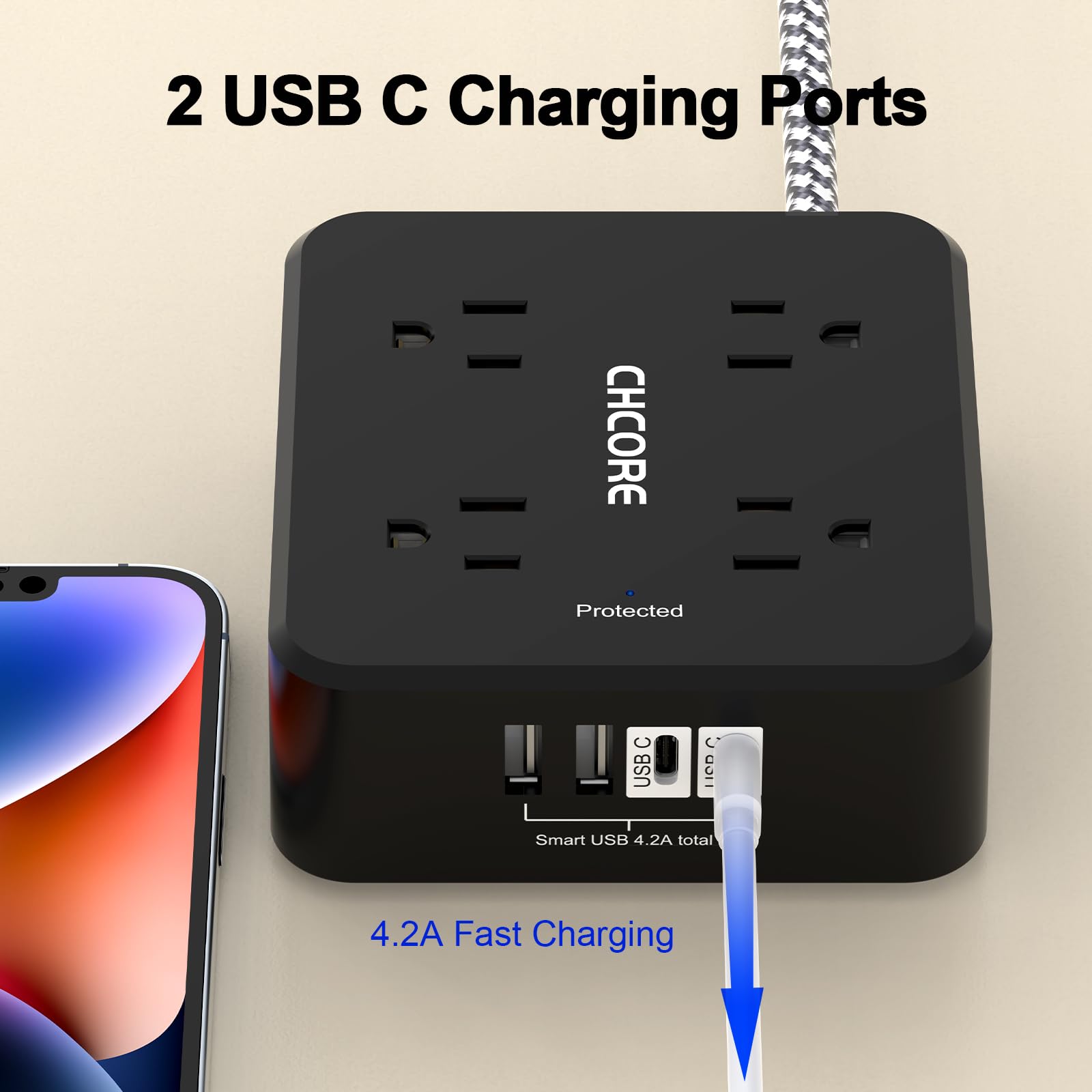 Surge Protector Power Strip - CHCORE Extension Cord with 8 Outlets with 4 USB (2 USB C) Charging Ports