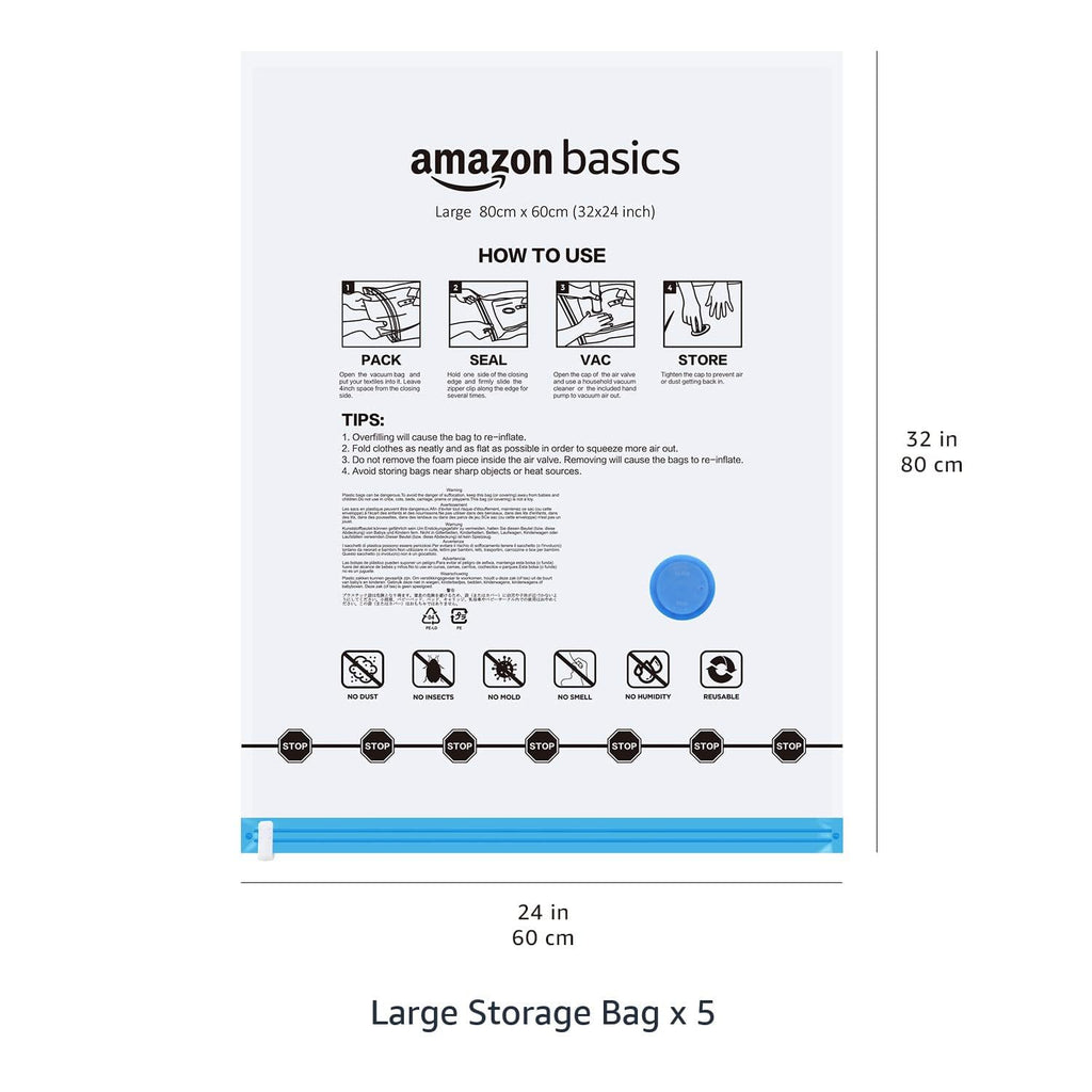 Amazon Basics Vacuum Storage Bags, Compression Space Saving for Clothes and Linens, Reusable with Hand Pump, Large, Clear, 5-Pack