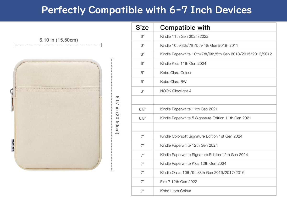 Dadanism 6-7 Inch Protective Sleeve Carrying Case for Kindle - Fits 6",8" Models, Including Kindle Paperwhite & Oasis E-Reader