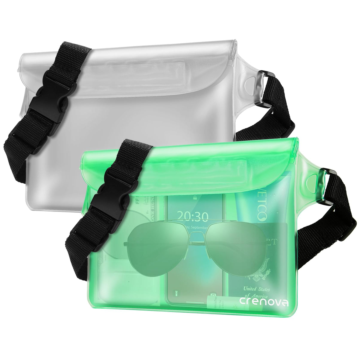 Crenova Waterproof Pouch with Waist Strap IP68 Waterproof Waist Bag Screen Touchable Dry Bag with Adjustable Belt, Vacation Essential Accessories, Perfect for Beach Snorkeling Kayaking Pool Water Park