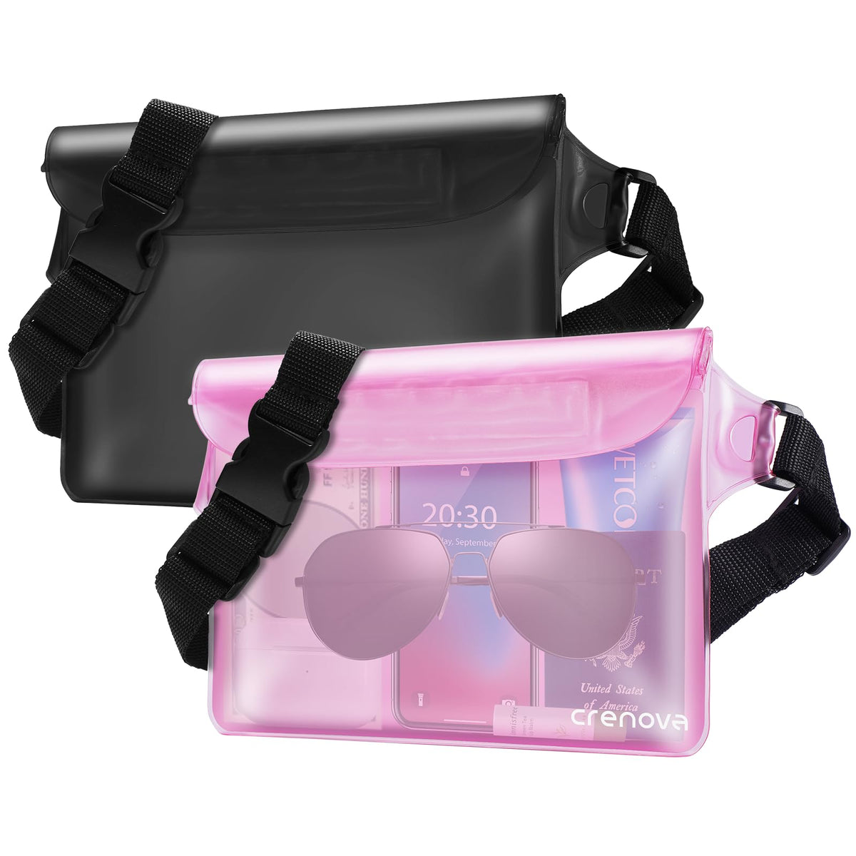 Crenova Waterproof Pouch with Waist Strap IP68 Waterproof Waist Bag Screen Touchable Dry Bag with Adjustable Belt, Vacation Essential Accessories, Perfect for Beach Snorkeling Kayaking Pool Water Park