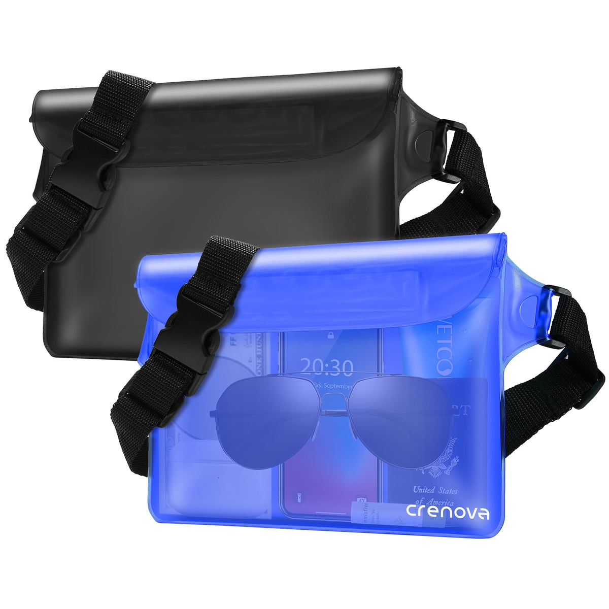 Crenova Waterproof Pouch with Waist Strap IP68 Waterproof Waist Bag Screen Touchable Dry Bag with Adjustable Belt, Vacation Essential Accessories, Perfect for Beach Snorkeling Kayaking Pool Water Park