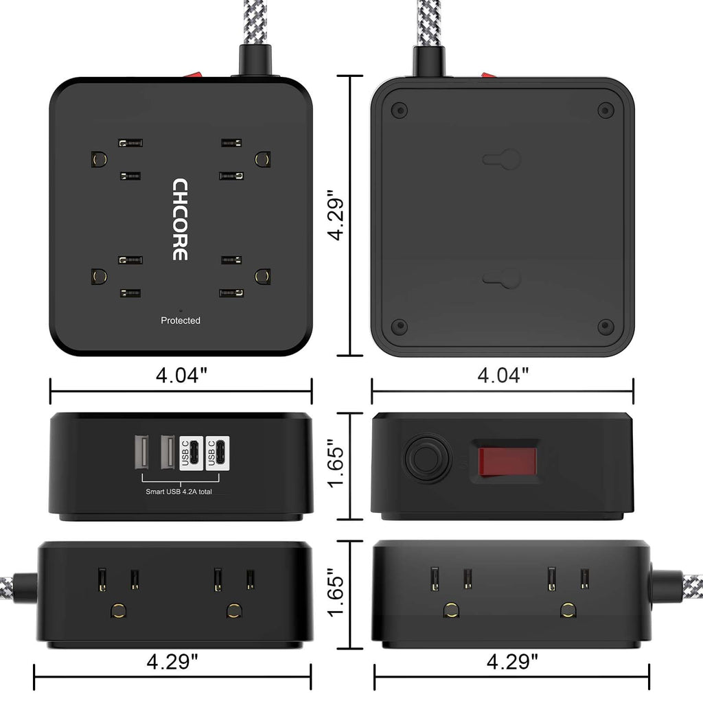 Surge Protector Power Strip - CHCORE Extension Cord with 8 Outlets with 4 USB (2 USB C) Charging Ports