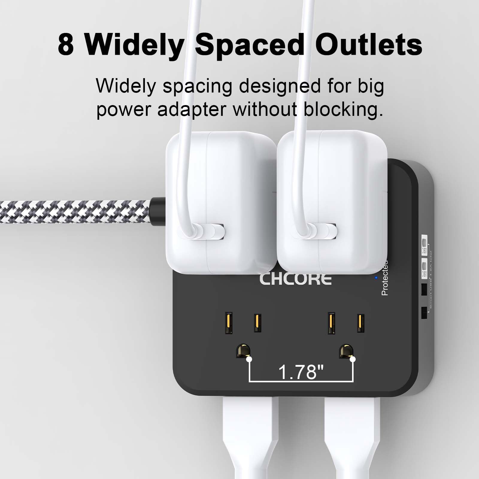 Surge Protector Power Strip - CHCORE Extension Cord with 8 Outlets with 4 USB (2 USB C) Charging Ports