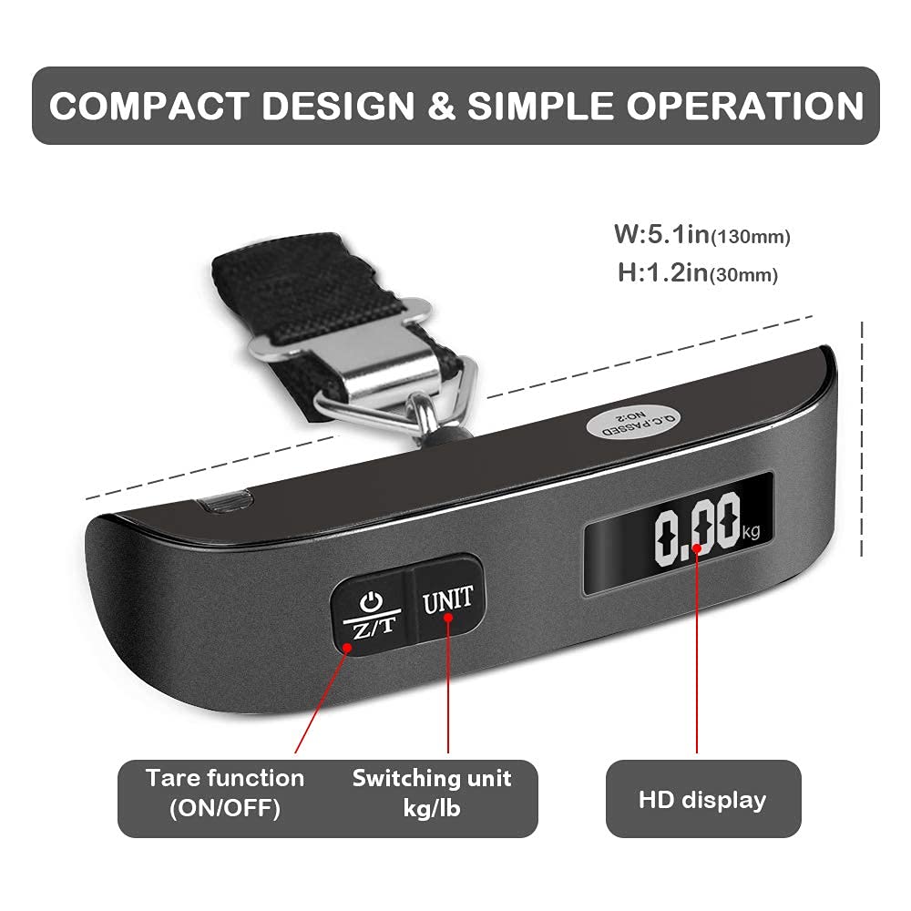 travel inspira Digital Luggage Scale – Portable Hanging Suitcase Weight Scale for Travel, 110 lb Capacity, Backlit LCD Display, Prevents Airport Overweight Fees, Battery Included