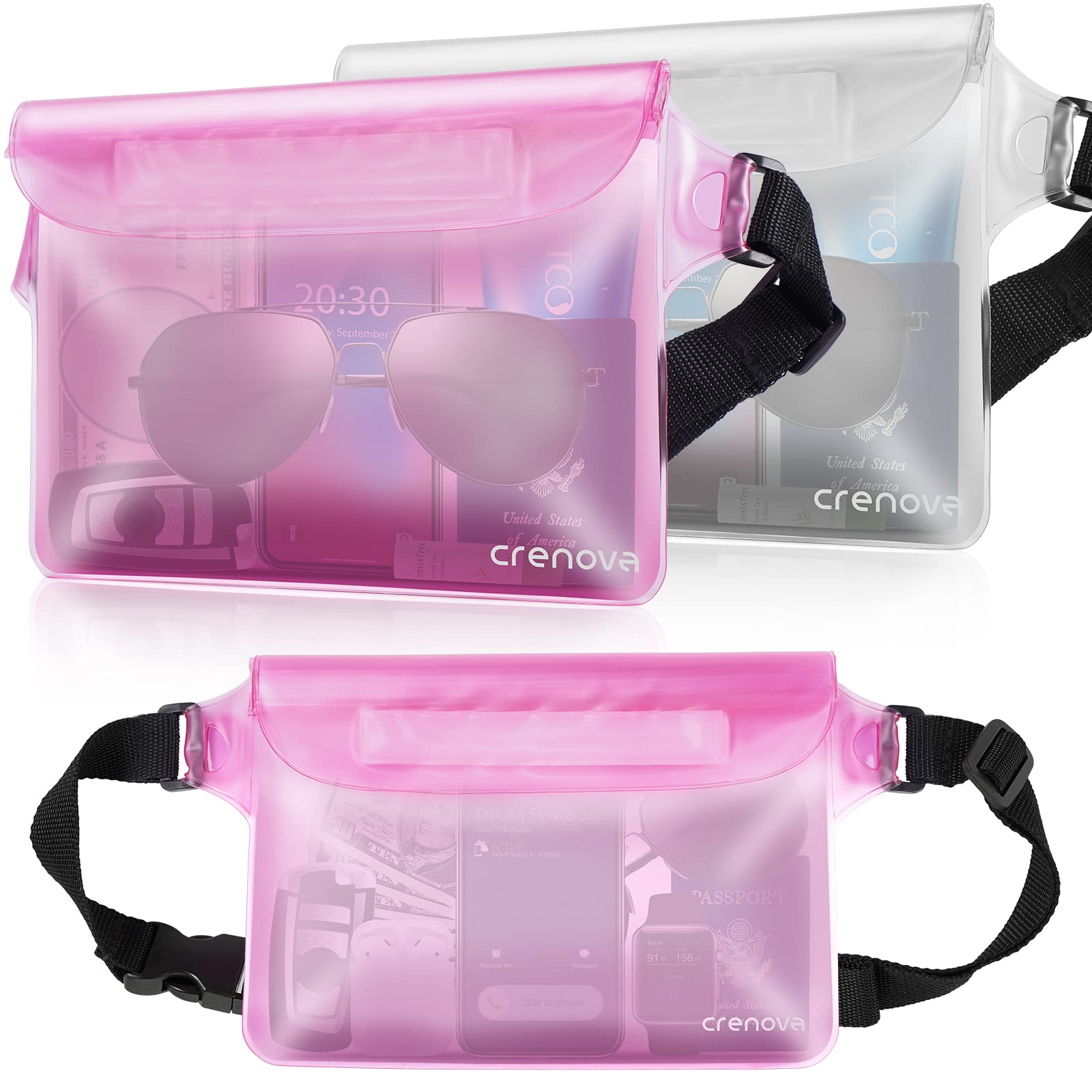 Crenova Waterproof Pouch with Waist Strap IP68 Waterproof Waist Bag Screen Touchable Dry Bag with Adjustable Belt, Vacation Essential Accessories, Perfect for Beach Snorkeling Kayaking Pool Water Park