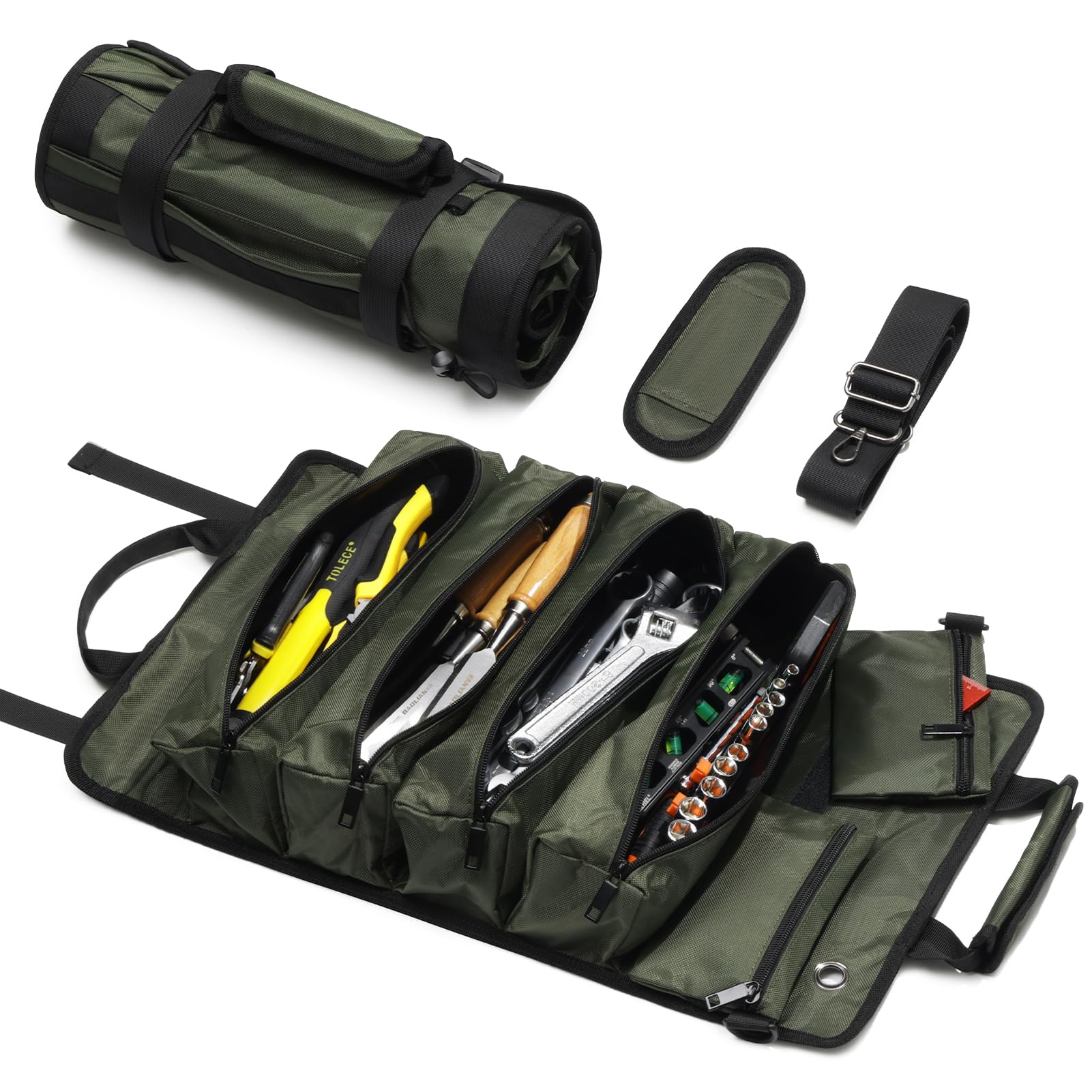 Tool Roll Up Bag, 1680D Heavy Duty Tool Bag Organizer with 2 Detachable Tool Pouches & Multiple Pockets, Waterproof Motorcycle Tool Roll for Mechanic & Electrician, Gift for Men Him Dad, 21.9"*13.8"