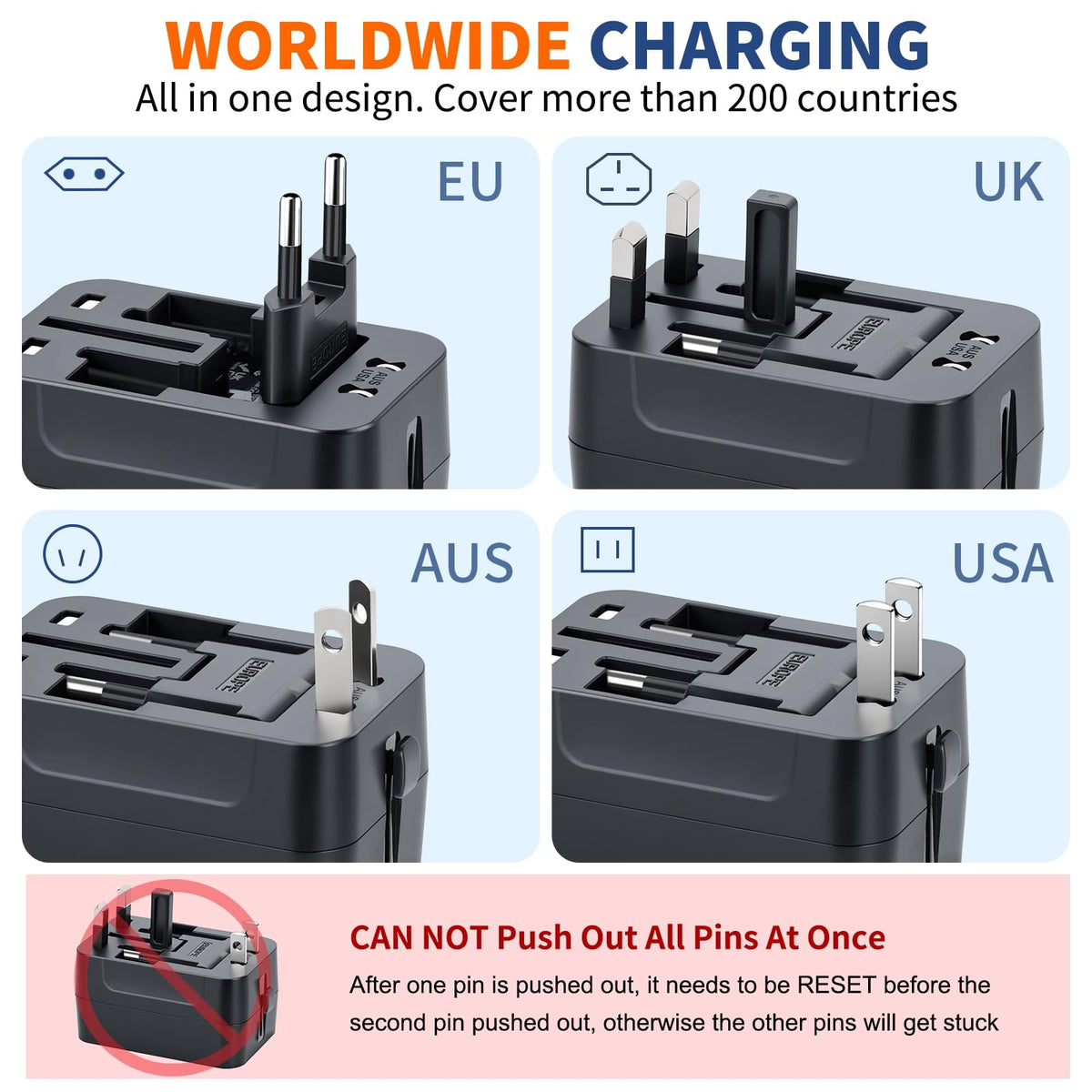 Travel Adapter with USB C, Universal All in One Worldwide Travel Adapter Power Converters Wall Charger AC Power Plug Adapter USB Type C Charging Ports for USA EU UK AUS Black