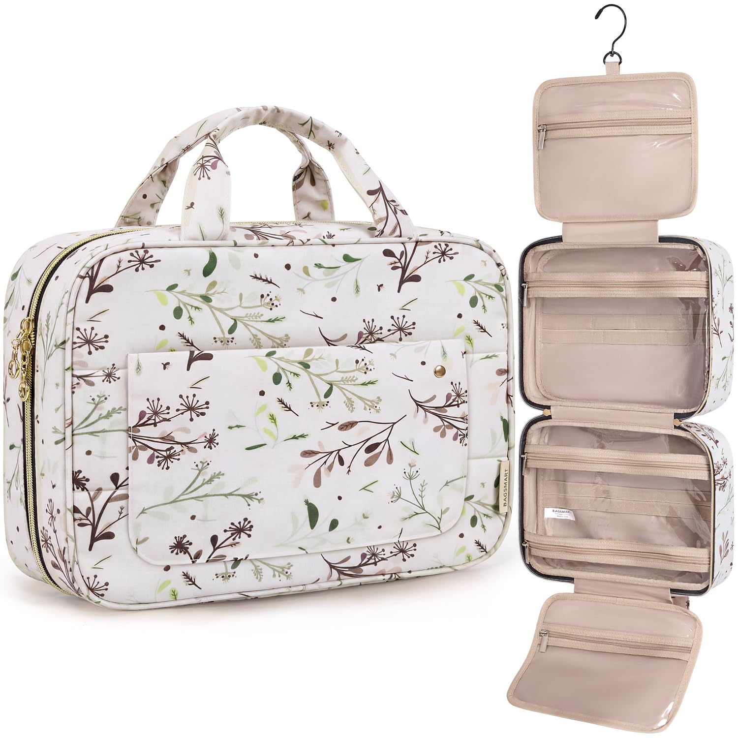 BAGSMART Toiletry Bag Travel Bag with Hanging Hook, Water-resistant Makeup Cosmetic Bag Travel Organizer for Accessories, Shampoo, Full-size Container, Toiletries