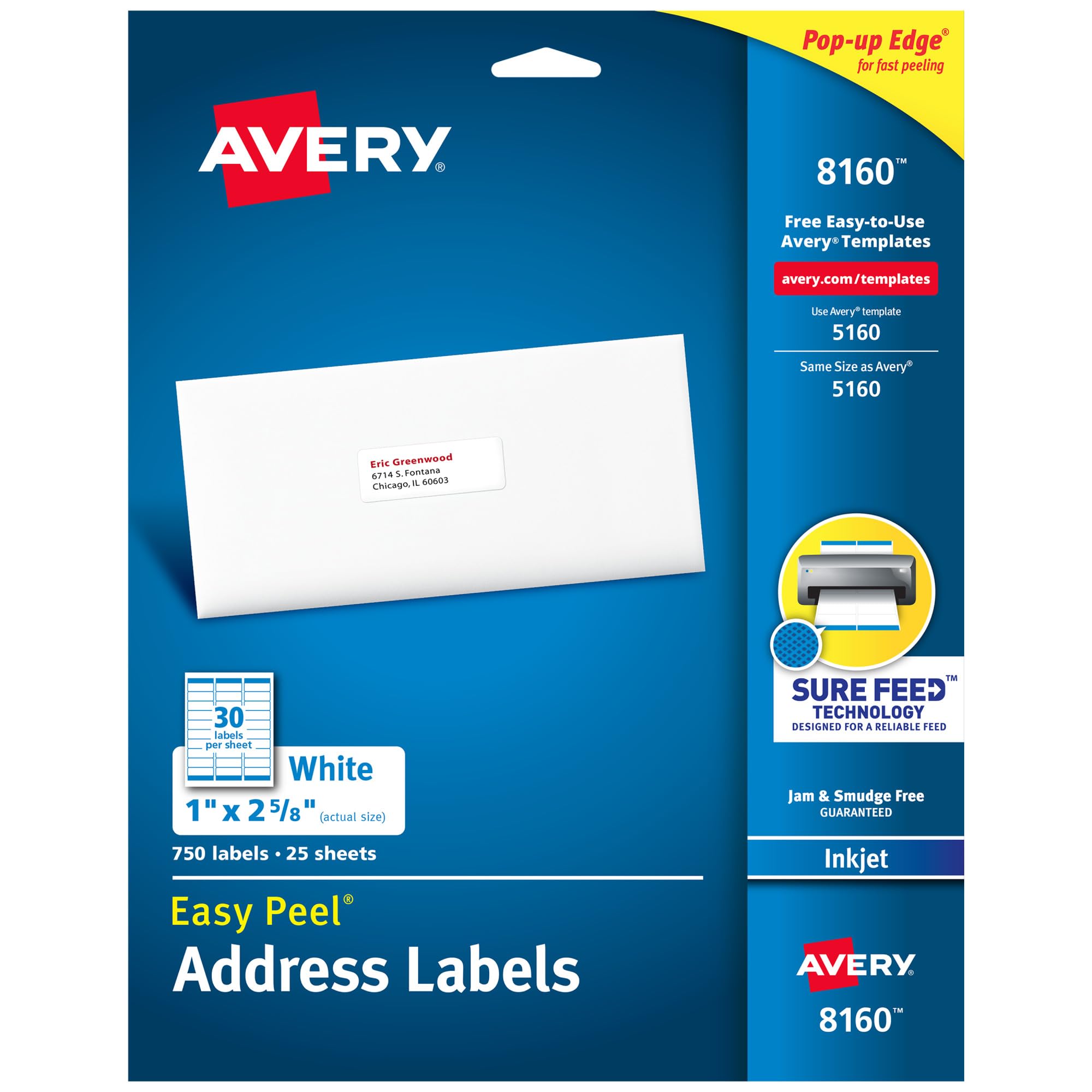 Avery Easy Peel Printable Address Labels with Sure Feed, 1" x 2-5/8" Customizable Stickers, White