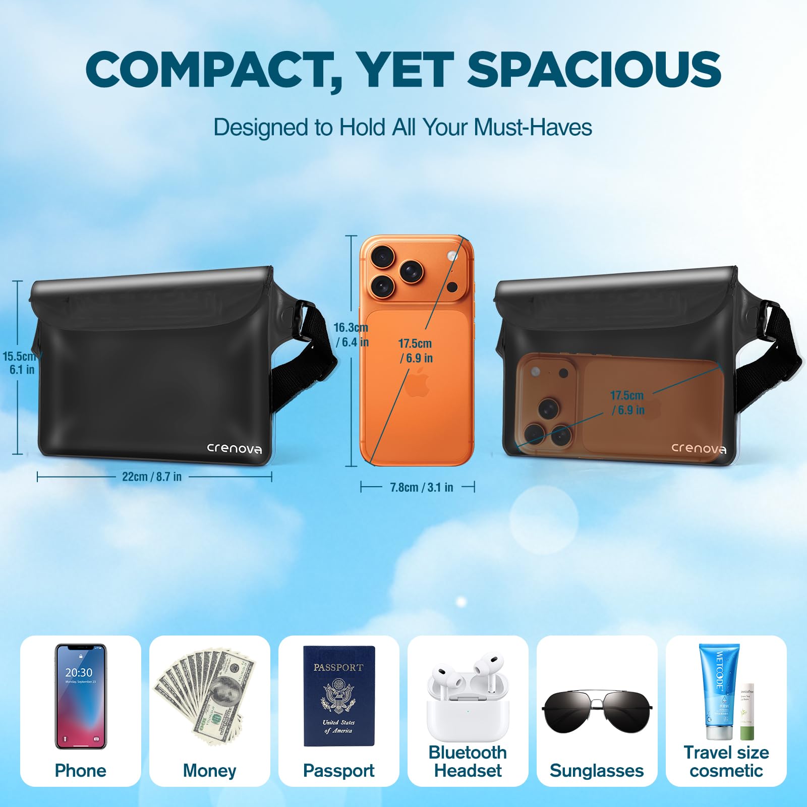 Crenova Waterproof Pouch with Waist Strap IP68 Waterproof Waist Bag Screen Touchable Dry Bag with Adjustable Belt, Vacation Essential Accessories, Perfect for Beach Snorkeling Kayaking Pool Water Park