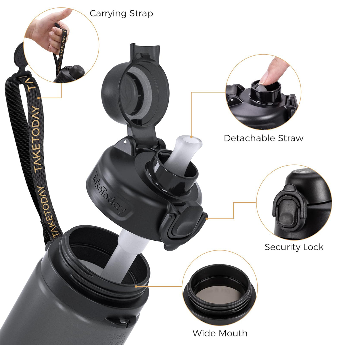 TakeToday Collapsible Water Bottles 21oz (600mL), Foldable Platinum Silicone Travel Water Bottle with Straw & Carry Strap, Leak-Resistant Screw Lid, Wide Mouth, BPA-Free for Hiking, Camping, Travel