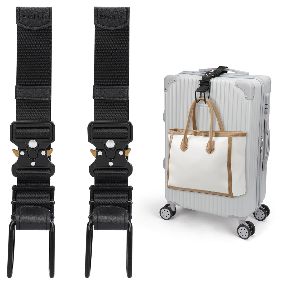 Exshoiu Luggage Hook Strap, J Hook Luggage Strap Flight Attendant with Hands Free, Adjustable Travel Luggage Straps for Add a Bag Hook