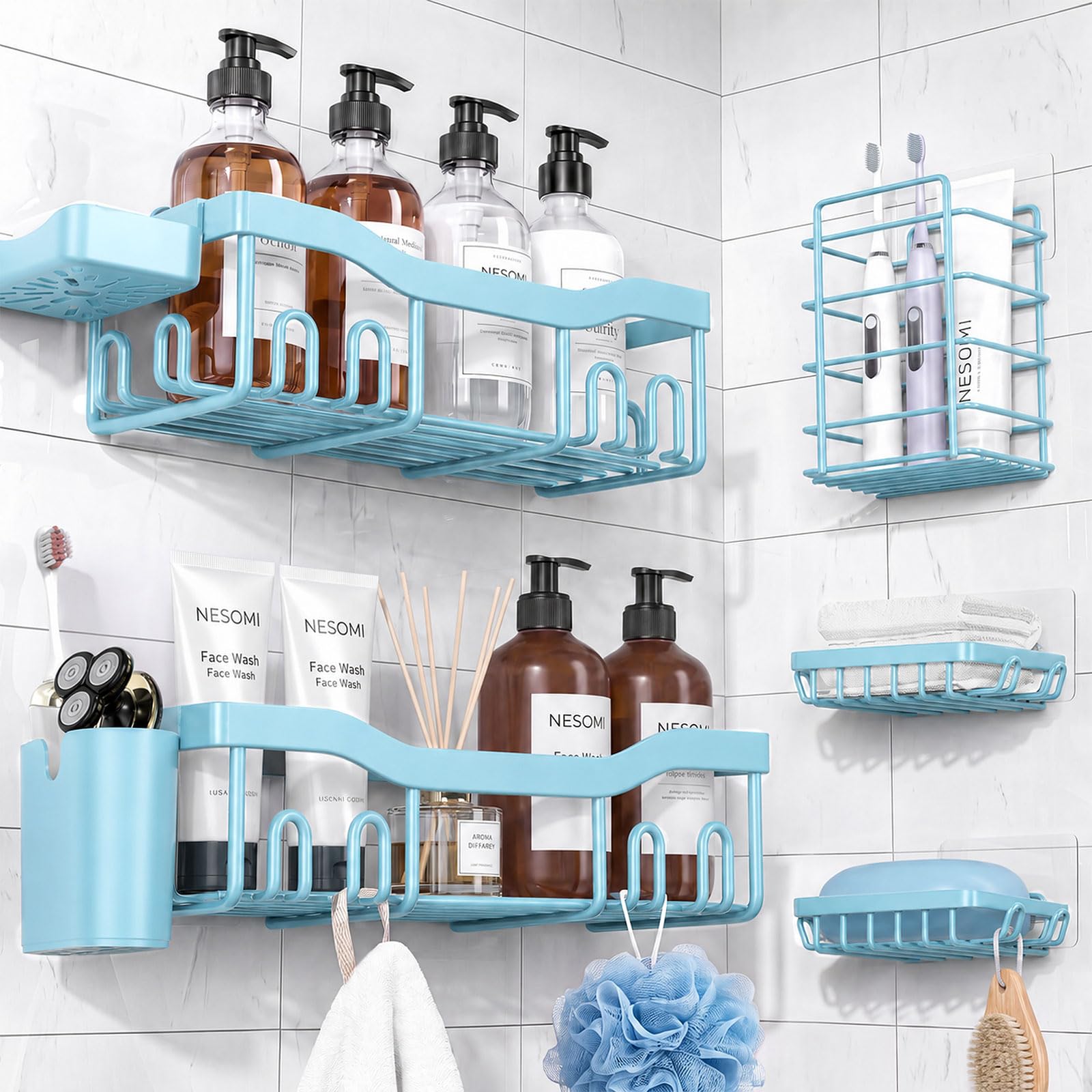 NESOMI 7-Pack Shower Caddy Adhesive,Stainless Steel Shower Organizer Shelf