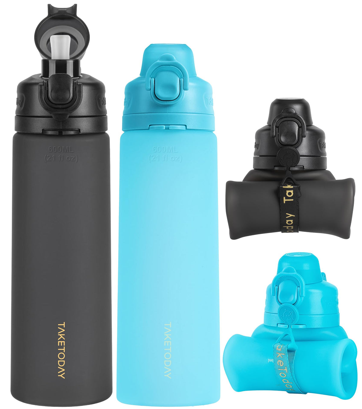 21 oz Collapsible Silicone Travel Bottle with Straw & Strap