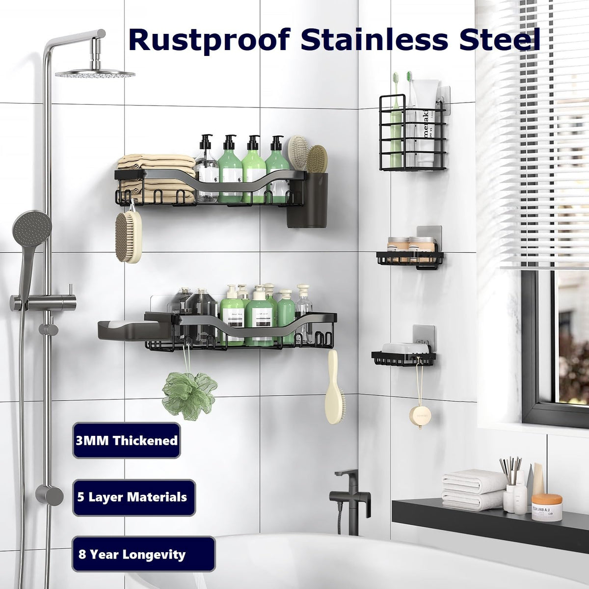 NESOMI 7-Pack Shower Caddy Adhesive,Stainless Steel Shower Organizer Shelf
