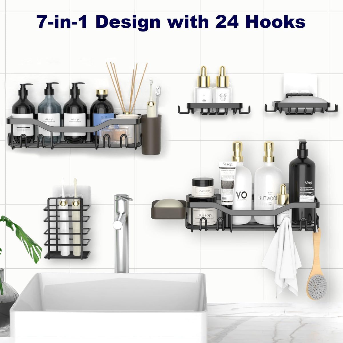 NESOMI 7-Pack Shower Caddy Adhesive,Stainless Steel Shower Organizer Shelf