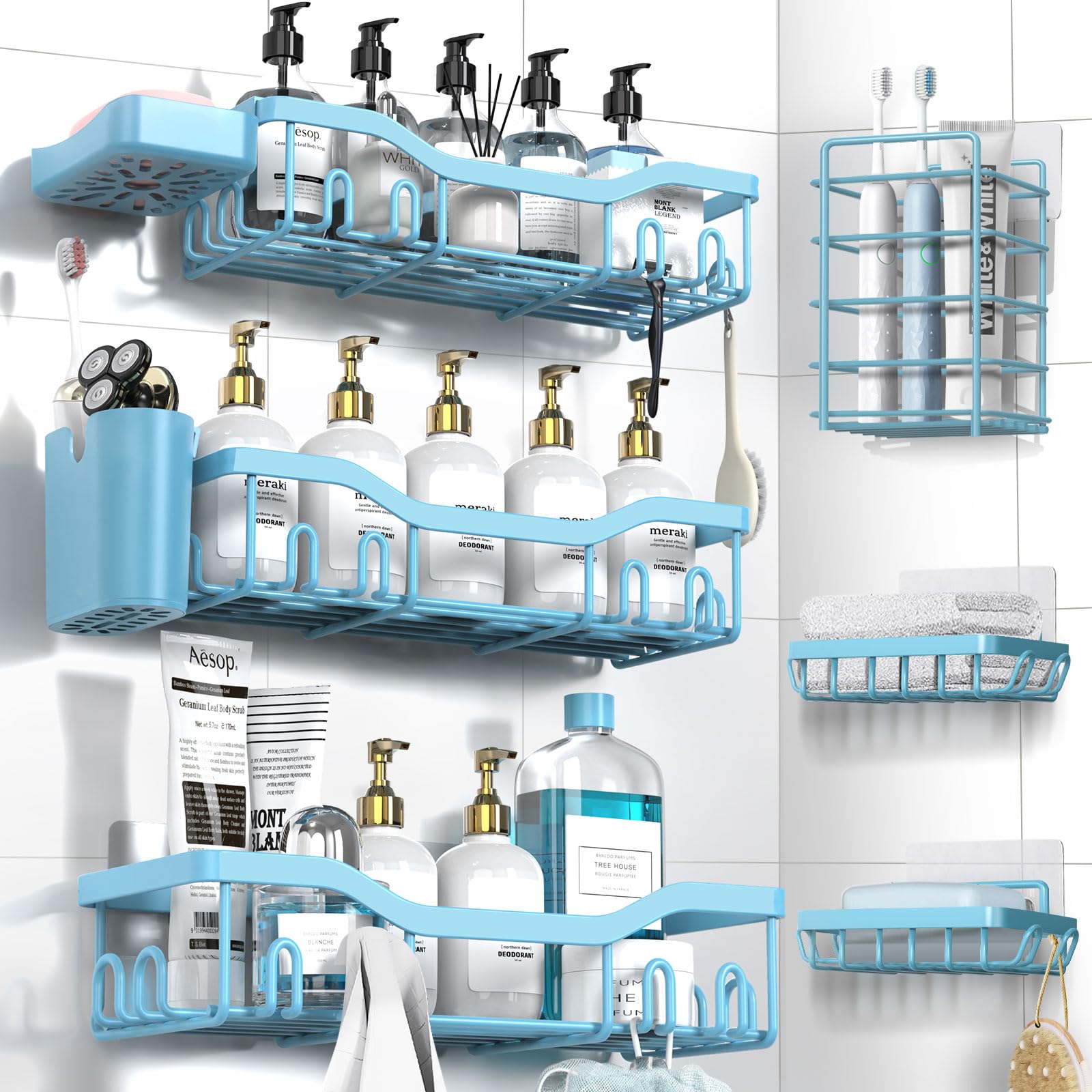 NESOMI 7-Pack Shower Caddy Adhesive,Stainless Steel Shower Organizer Shelf