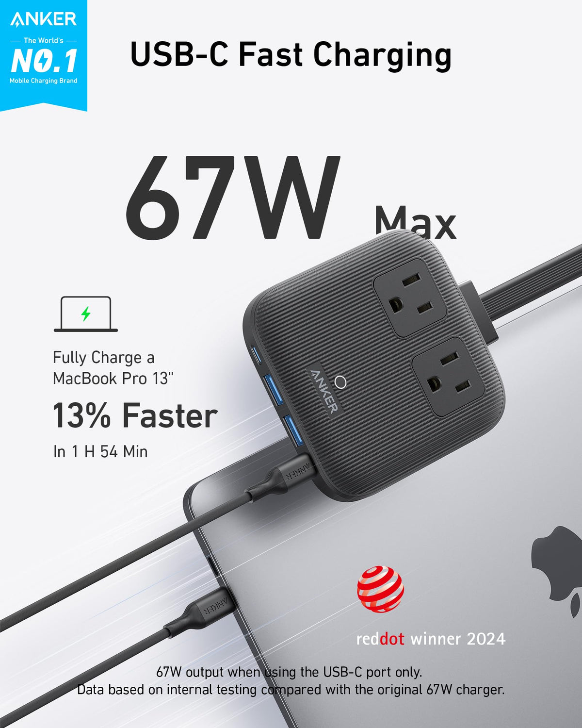 67W 6-in-1 Travel Power Strip with Dual USB-C Charger