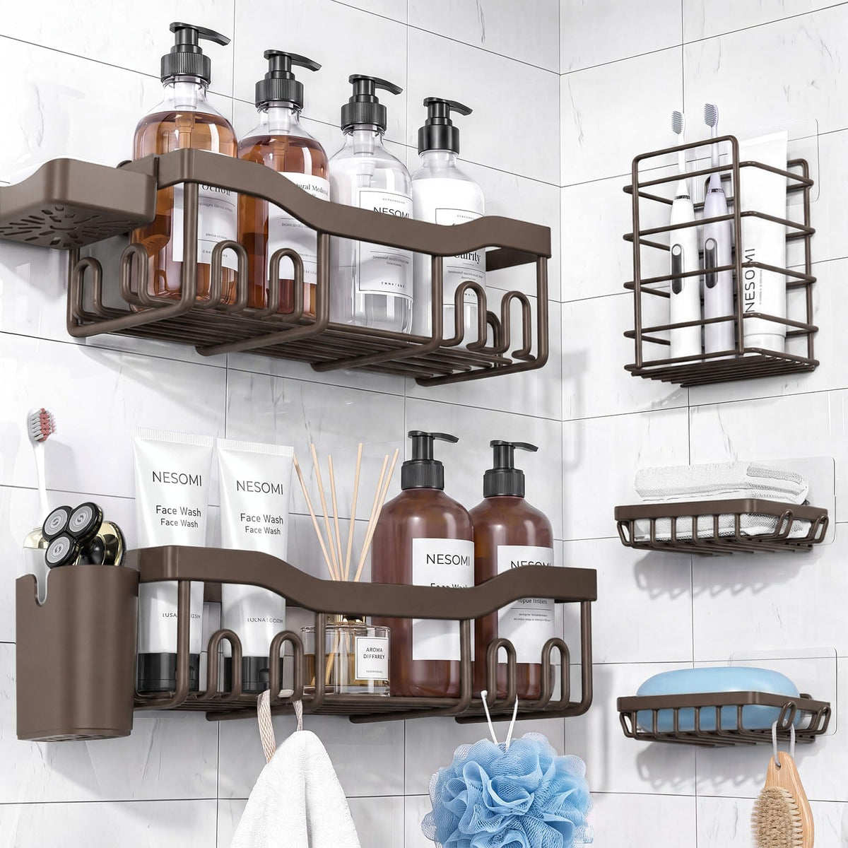 7-Pack Adhesive Stainless Steel Shower Caddy Organizer