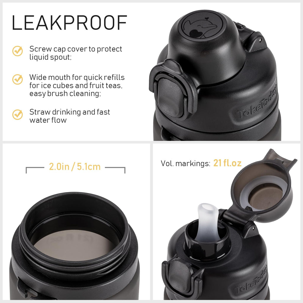 TakeToday Collapsible Water Bottles 21oz (600mL), Foldable Platinum Silicone Travel Water Bottle with Straw & Carry Strap, Leak-Resistant Screw Lid, Wide Mouth, BPA-Free for Hiking, Camping, Travel