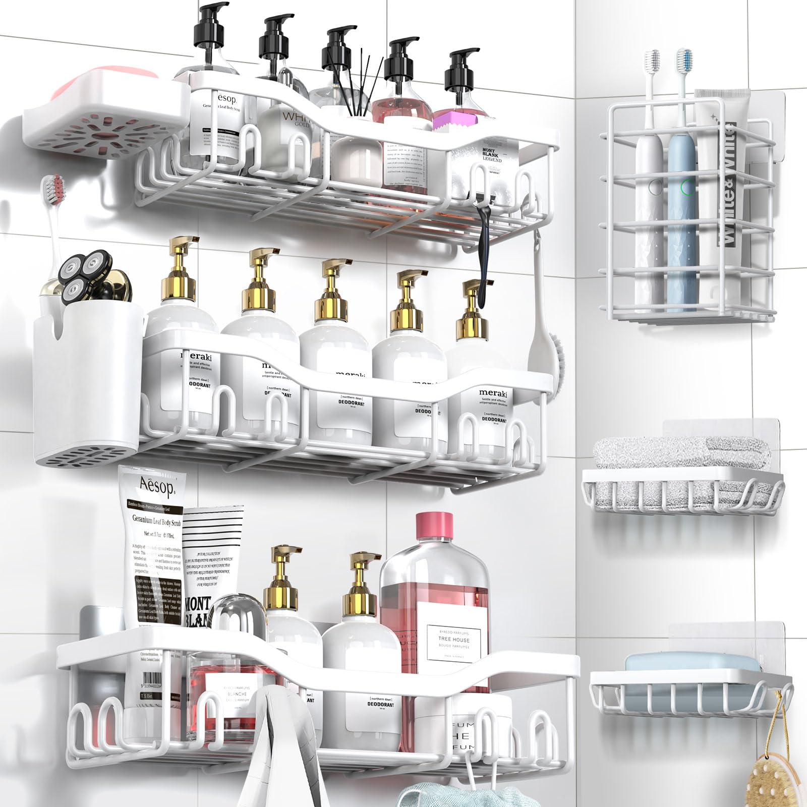 NESOMI 7-Pack Shower Caddy Adhesive,Stainless Steel Shower Organizer Shelf