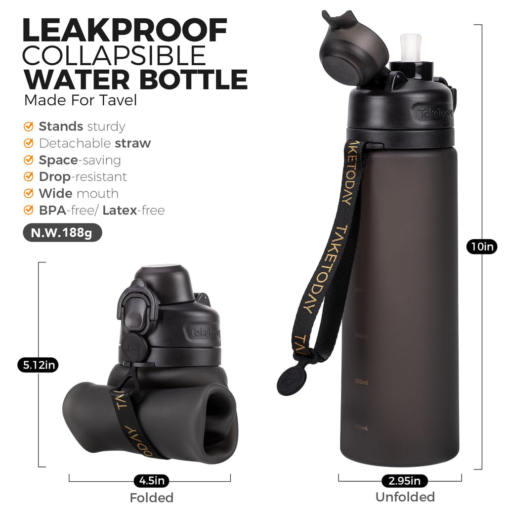 TakeToday Collapsible Water Bottles 21oz (600mL), Foldable Platinum Silicone Travel Water Bottle with Straw & Carry Strap, Leak-Resistant Screw Lid, Wide Mouth, BPA-Free for Hiking, Camping, Travel