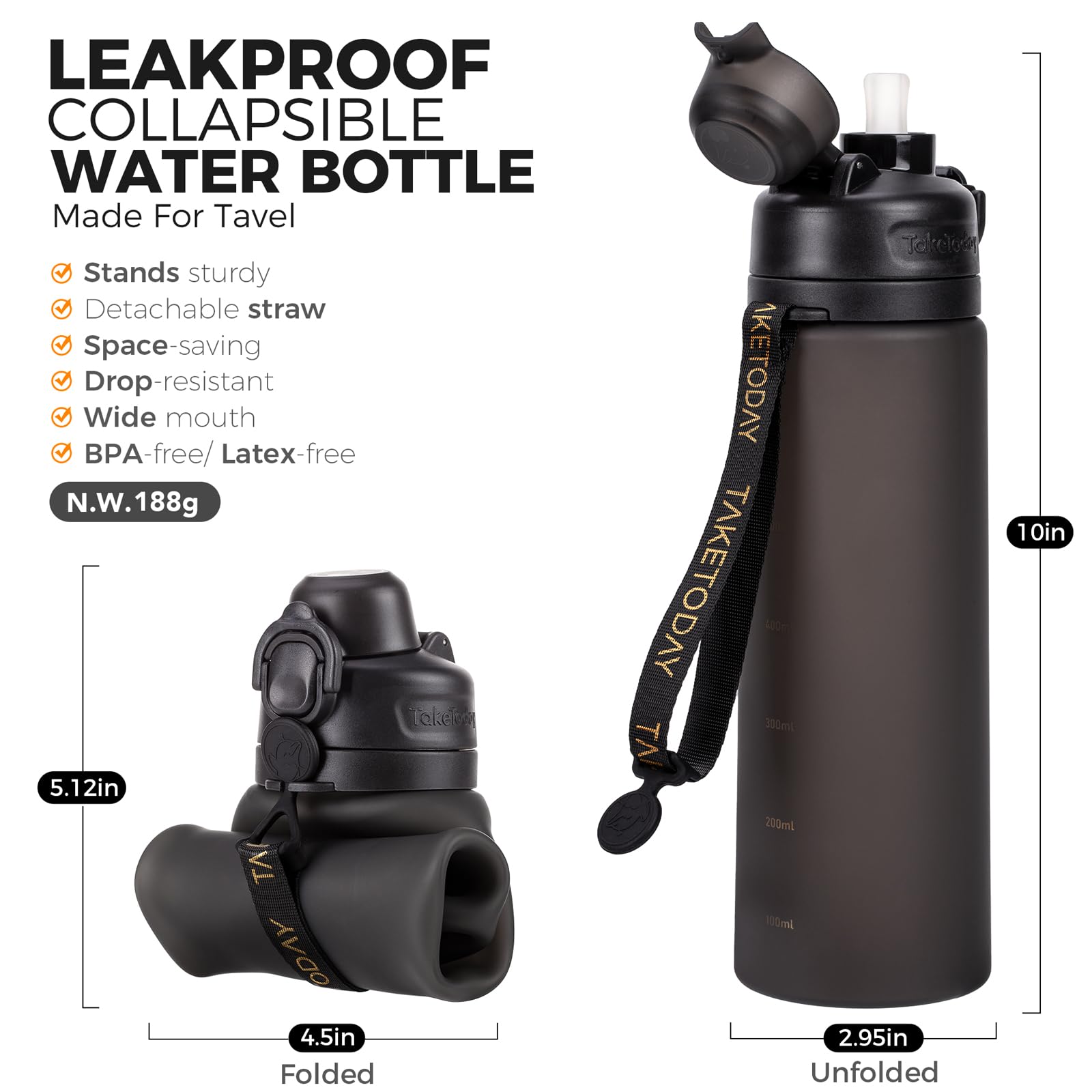 TakeToday Collapsible Water Bottles 21oz (600mL), Foldable Platinum Silicone Travel Water Bottle with Straw & Carry Strap, Leak-Resistant Screw Lid, Wide Mouth, BPA-Free for Hiking, Camping, Travel