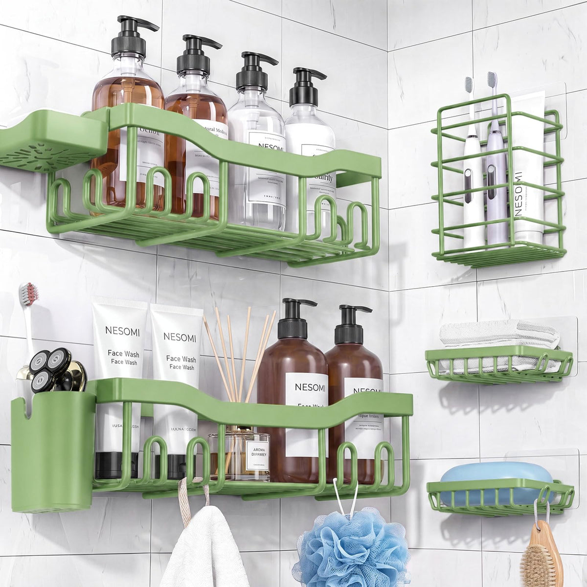 NESOMI 7-Pack Shower Caddy Adhesive,Stainless Steel Shower Organizer Shelf