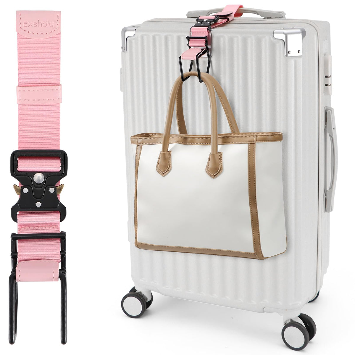 Exshoiu Luggage Hook Strap, J Hook Luggage Strap Flight Attendant with Hands Free, Adjustable Travel Luggage Straps for Add a Bag Hook