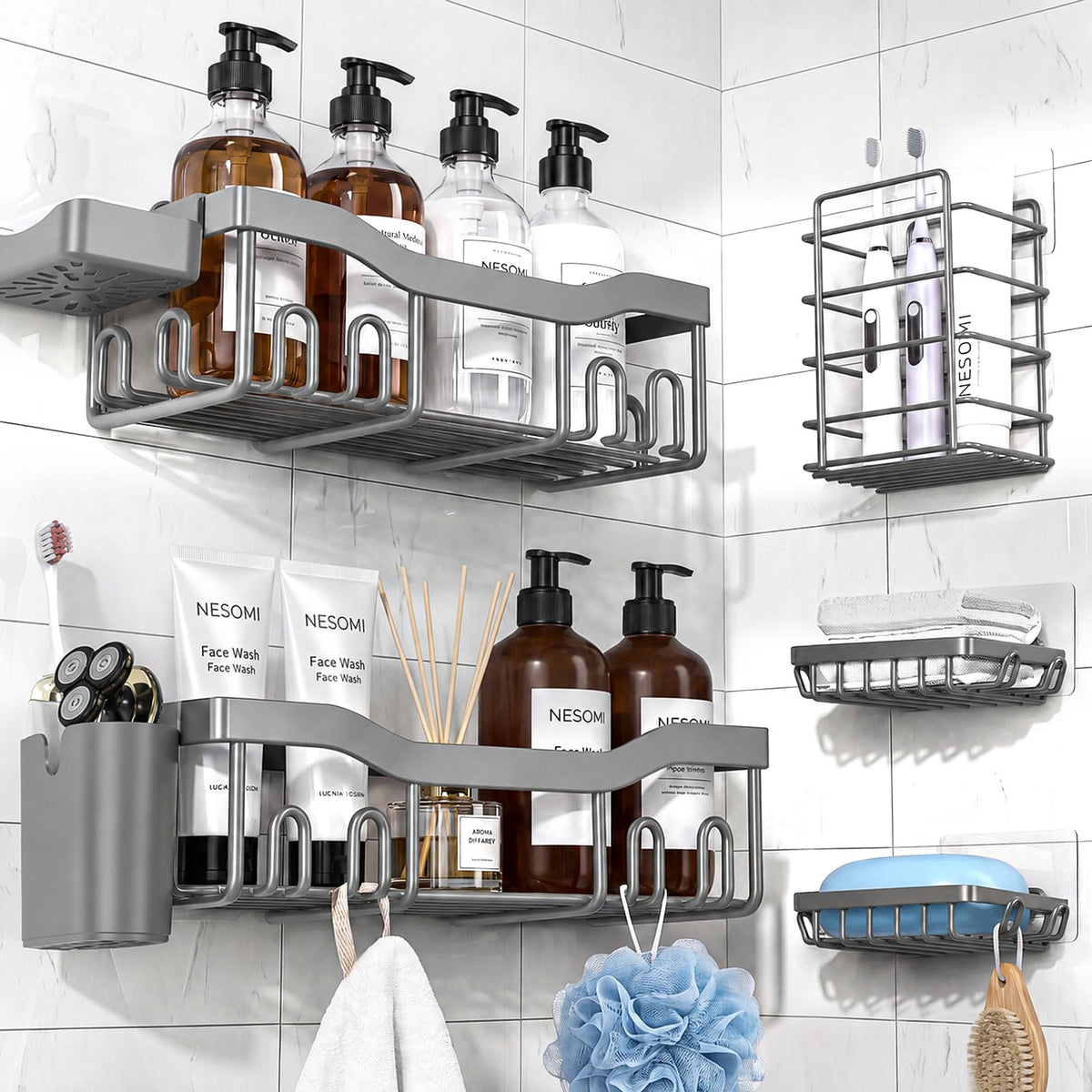 NESOMI 7-Pack Shower Caddy Adhesive,Stainless Steel Shower Organizer Shelf