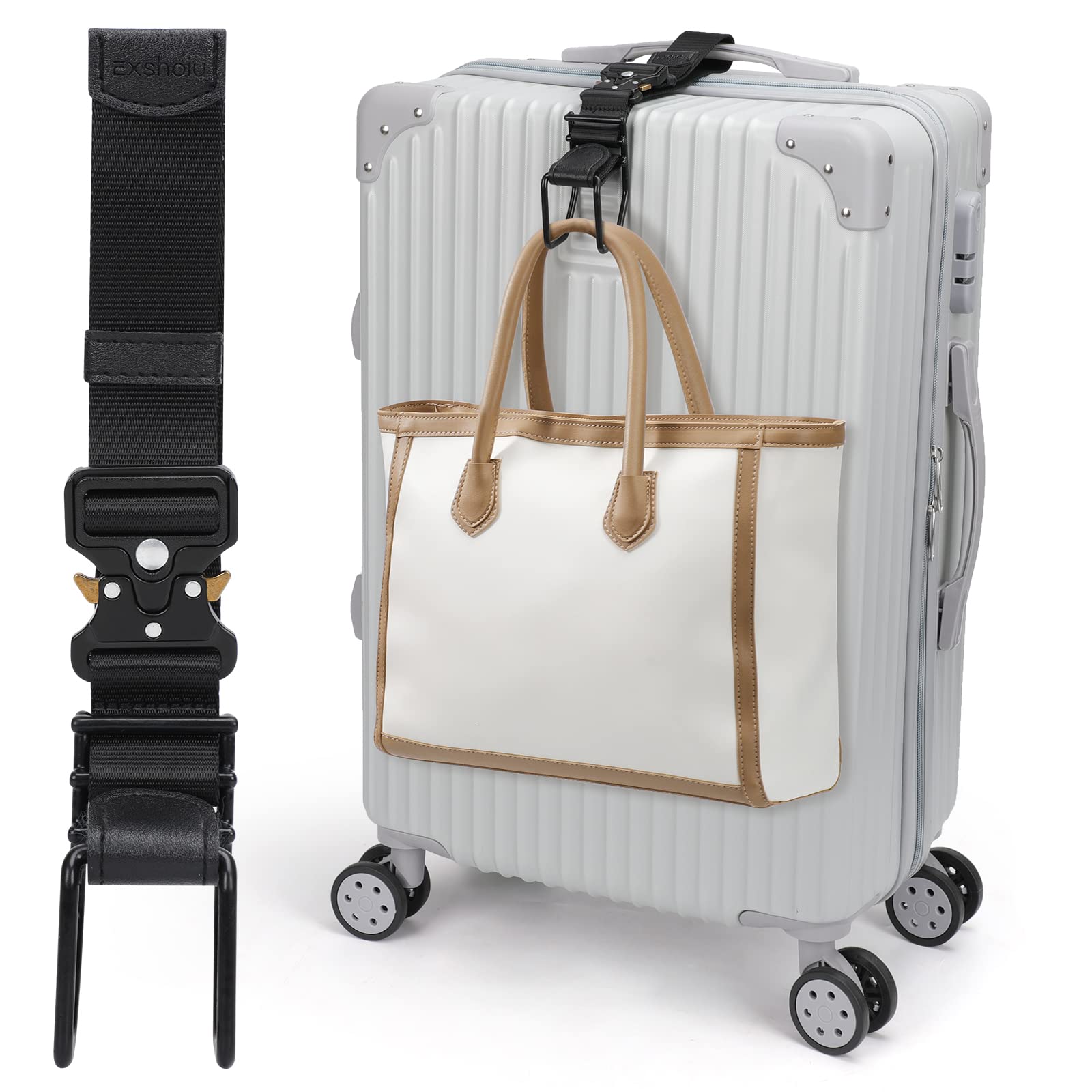Exshoiu Luggage Hook Strap, J Hook Luggage Strap Flight Attendant with Hands Free, Adjustable Travel Luggage Straps for Add a Bag Hook