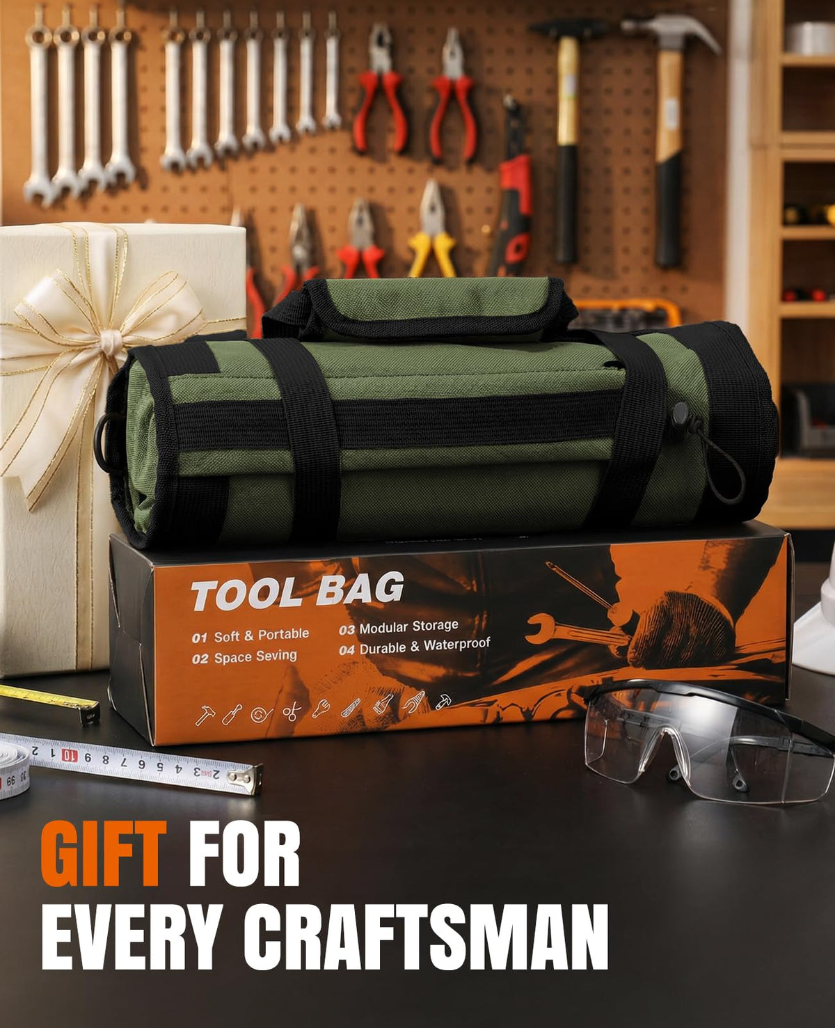 Tool Roll Up Bag, 1680D Heavy Duty Tool Bag Organizer with 2 Detachable Tool Pouches & Multiple Pockets, Waterproof Motorcycle Tool Roll for Mechanic & Electrician, Gift for Men Him Dad, 21.9"*13.8"