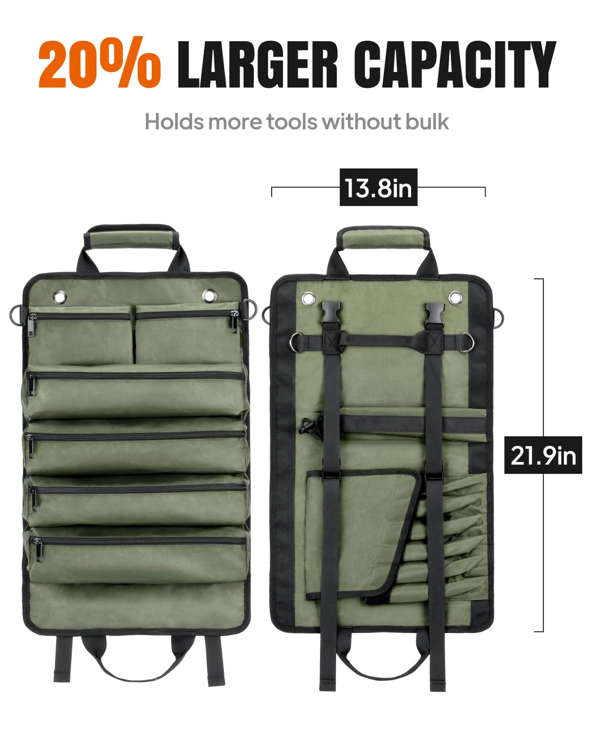 Tool Roll Up Bag, 1680D Heavy Duty Tool Bag Organizer with 2 Detachable Tool Pouches & Multiple Pockets, Waterproof Motorcycle Tool Roll for Mechanic & Electrician, Gift for Men Him Dad, 21.9"*13.8"