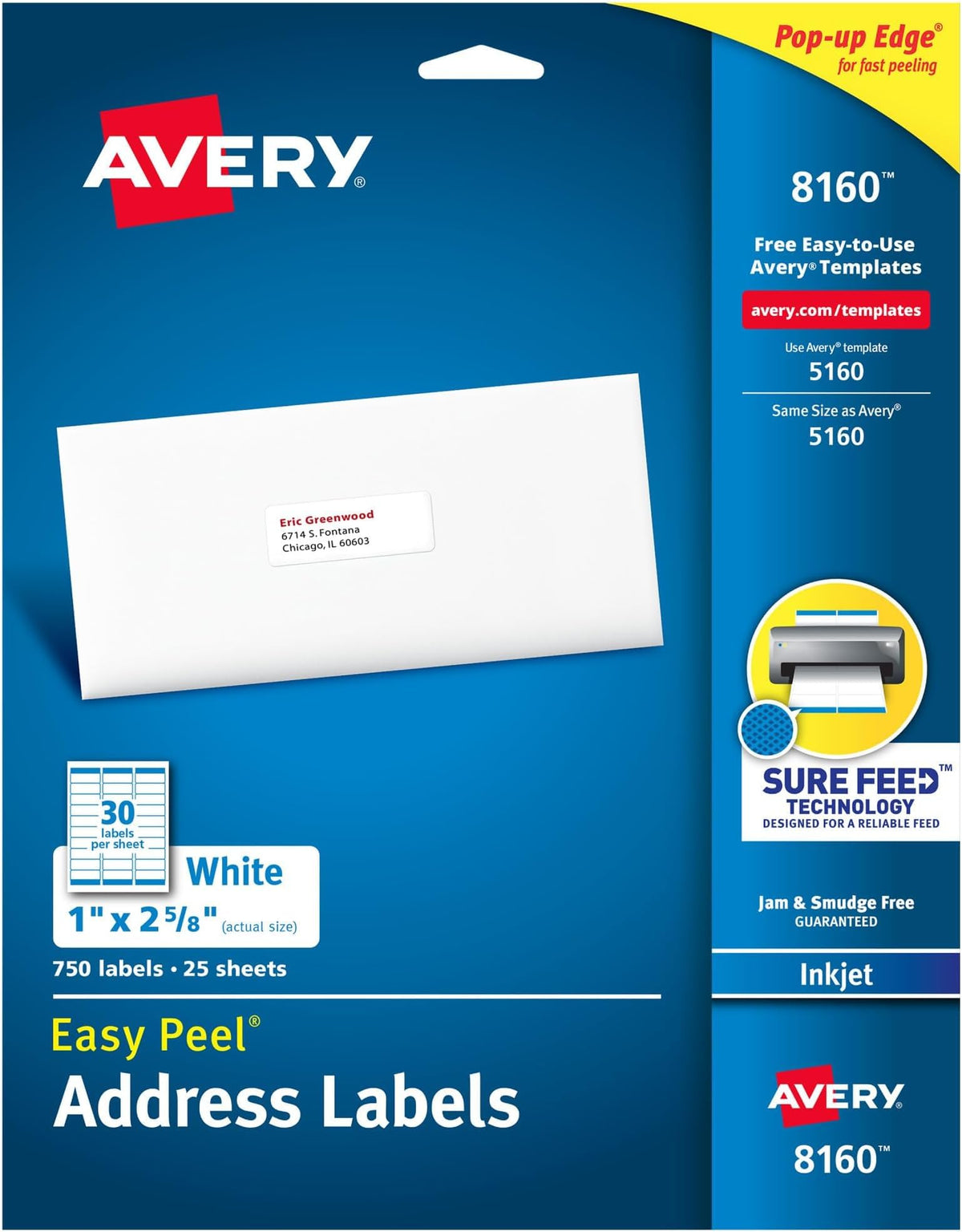 Avery Easy Peel Printable Address Labels with Sure Feed, 1" x 2-5/8" Customizable Stickers, White