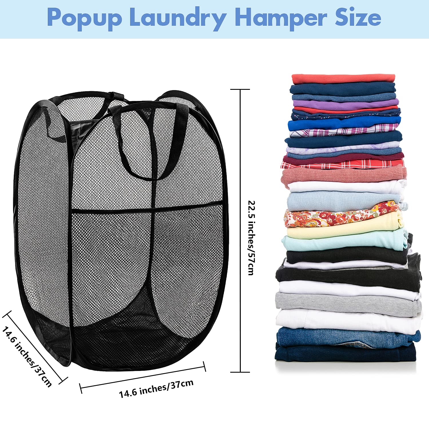 Pop Up Laundry Hamper, 70 L Collapsible Mesh Basket with Side Pocket, Large