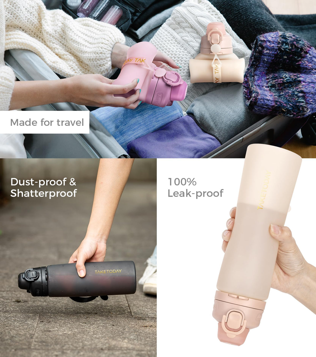 21 oz Collapsible Silicone Travel Bottle with Straw & Strap