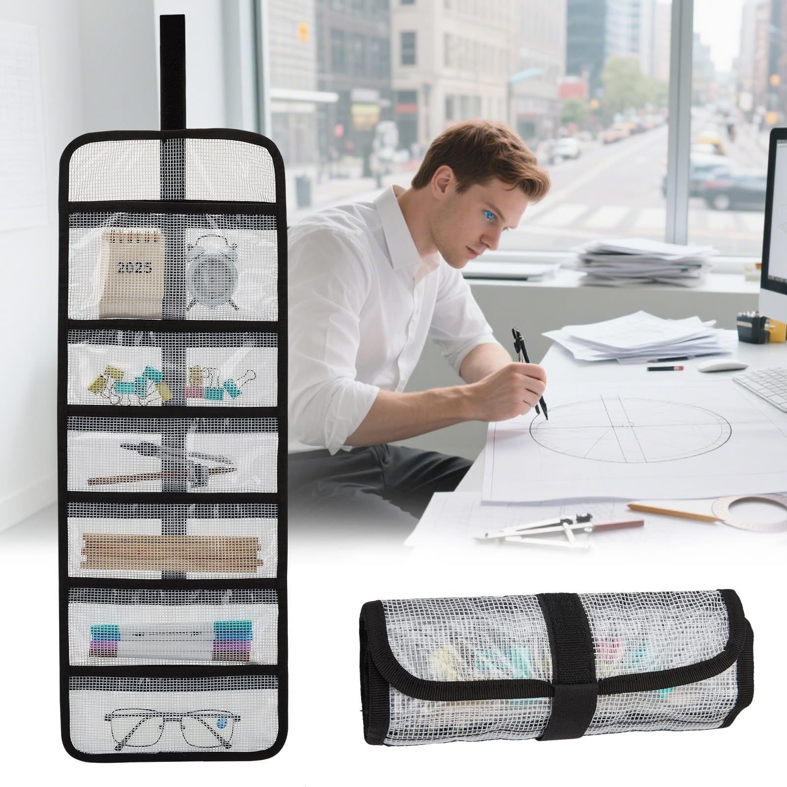 Small Roll Up Storage Bag, 6 Pockets Roll Up Tool Kit, Suitable for Mechanics, Kitchen Storage, Art Sketching, Travelling, Potter's Tools, Office Objects, Transparent and Visible, Space-saving