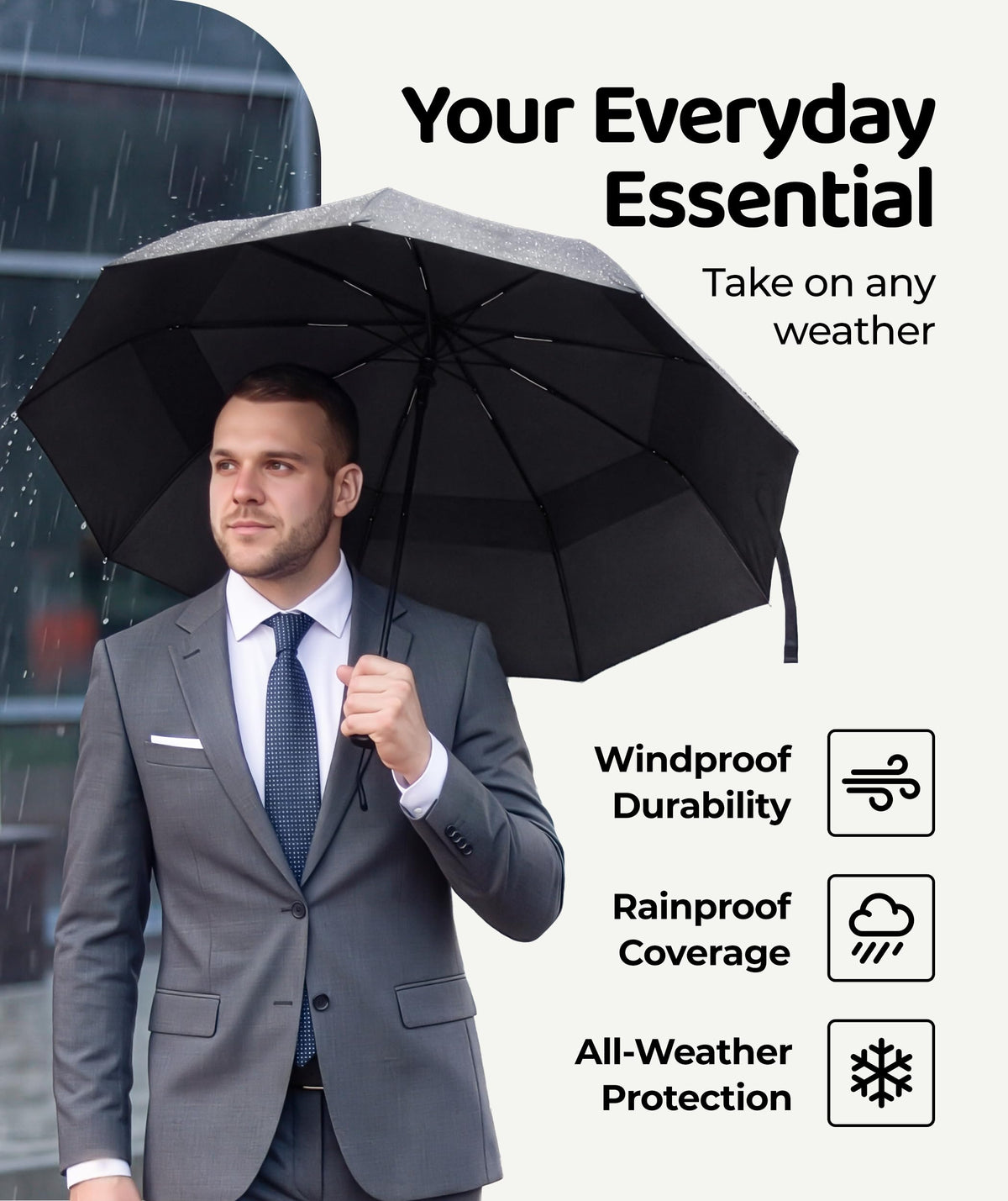 Windproof Travel Umbrella - Compact & Withstands Winds up to 100MPH, Strongest Premium Auto Folding Umbrella for Rain and Sun - Durable, Light & Portable for Women & Men, Fits Backpack & Cars