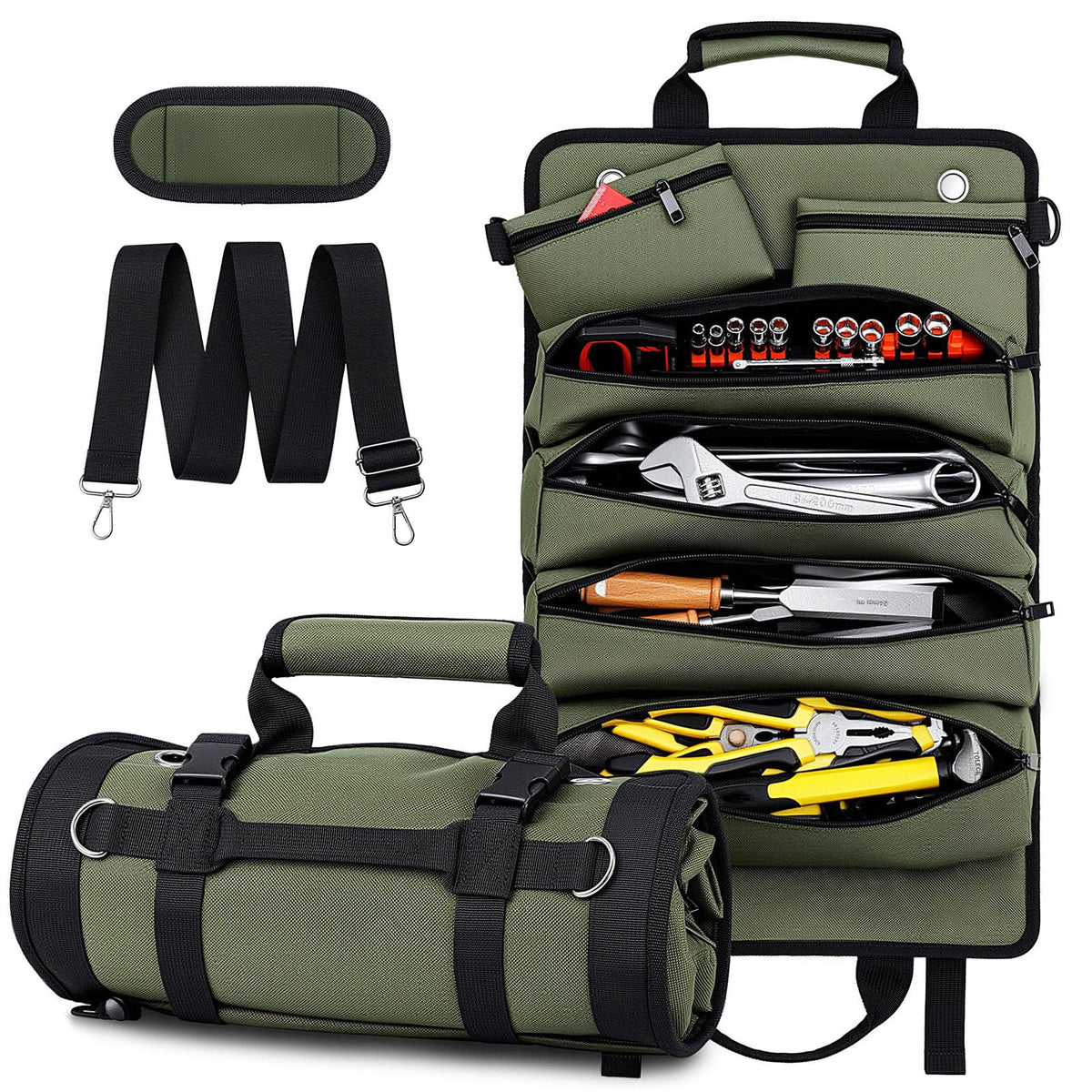 Tool Roll Up Bag, 1680D Heavy Duty Tool Bag Organizer with 2 Detachable Tool Pouches & Multiple Pockets, Waterproof Motorcycle Tool Roll for Mechanic & Electrician, Gift for Men Him Dad, 21.9"*13.8"