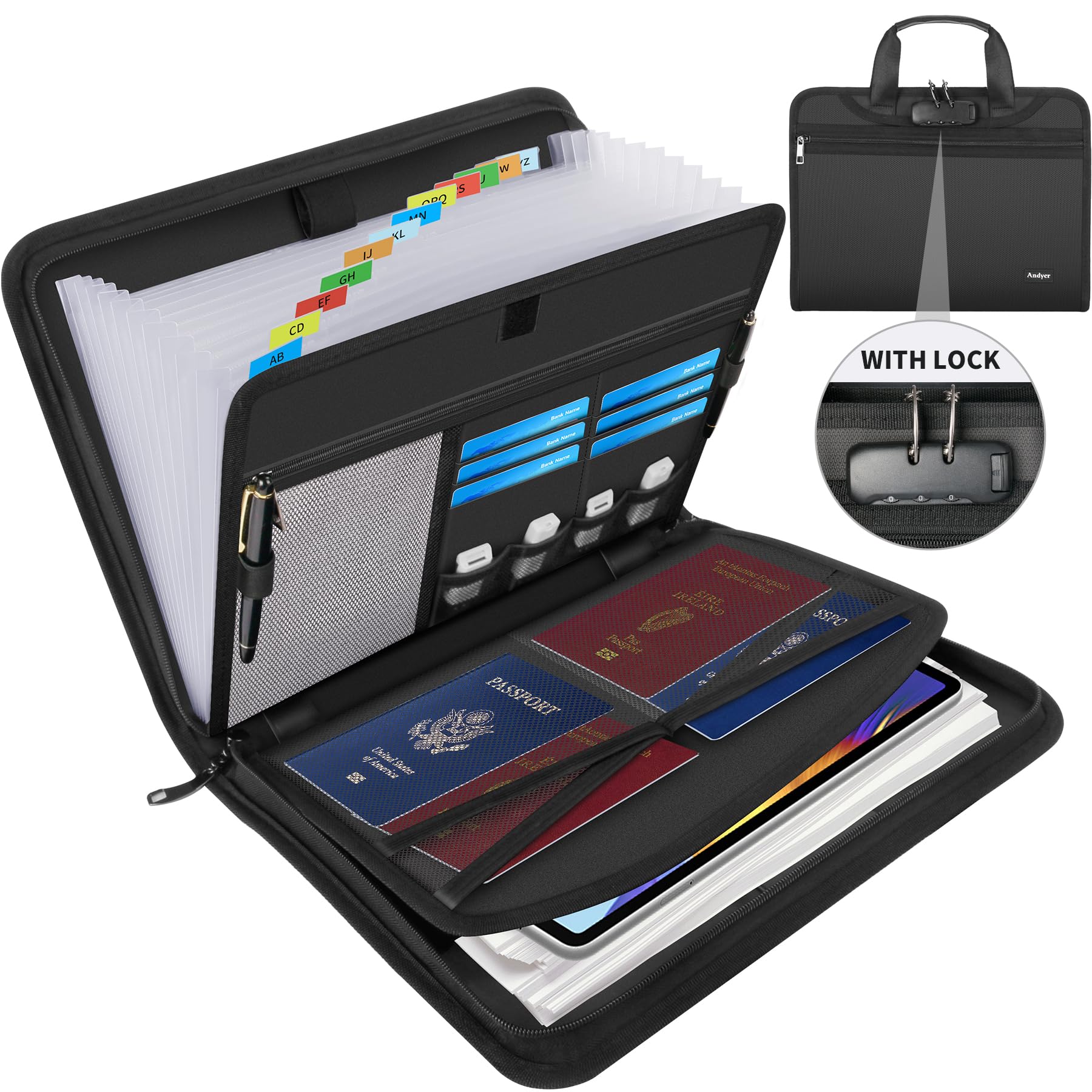 Important Document Organizer with Lock, Fireproof Accordion File Organizer