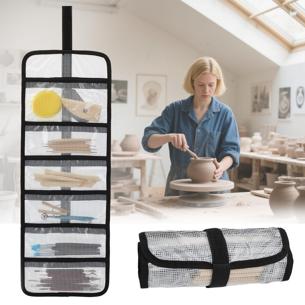 Small Roll Up Storage Bag, 6 Pockets Roll Up Tool Kit, Suitable for Mechanics, Kitchen Storage, Art Sketching, Travelling, Potter's Tools, Office Objects, Transparent and Visible, Space-saving