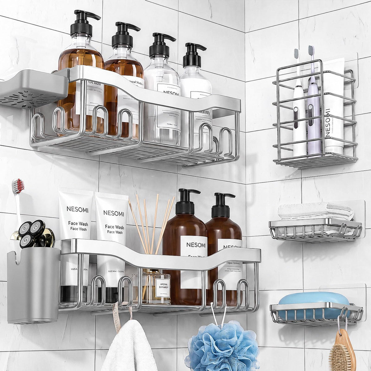 7-Pack Adhesive Stainless Steel Shower Caddy Organizer
